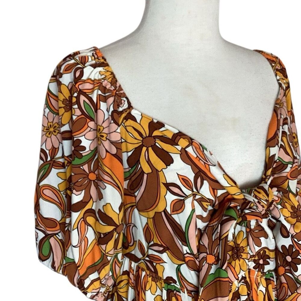 ELOQUII Sz 18 Retro Floral Tie Front Puff Sleeve Maxi Dress 70s Boho - Picture 7 of 10